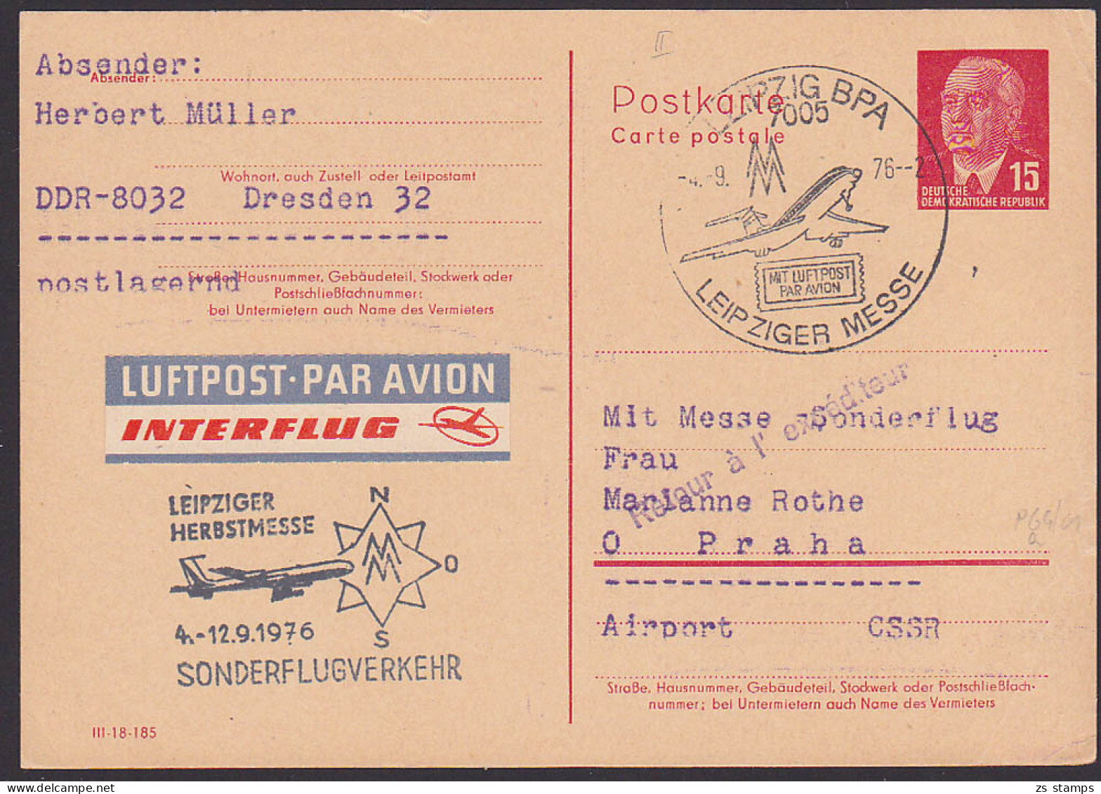 P64II 15 Pf. Wilhelm Pieck Messe-SoSt. LEIPZIG BPA Nach Prag Sonderflugverkehr Bestätigungs-St. - Postcards - Used