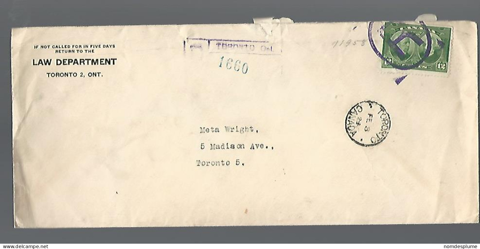 58195) Canada Registered Toronto Postmark Cancel 1929 - Registration & Officially Sealed