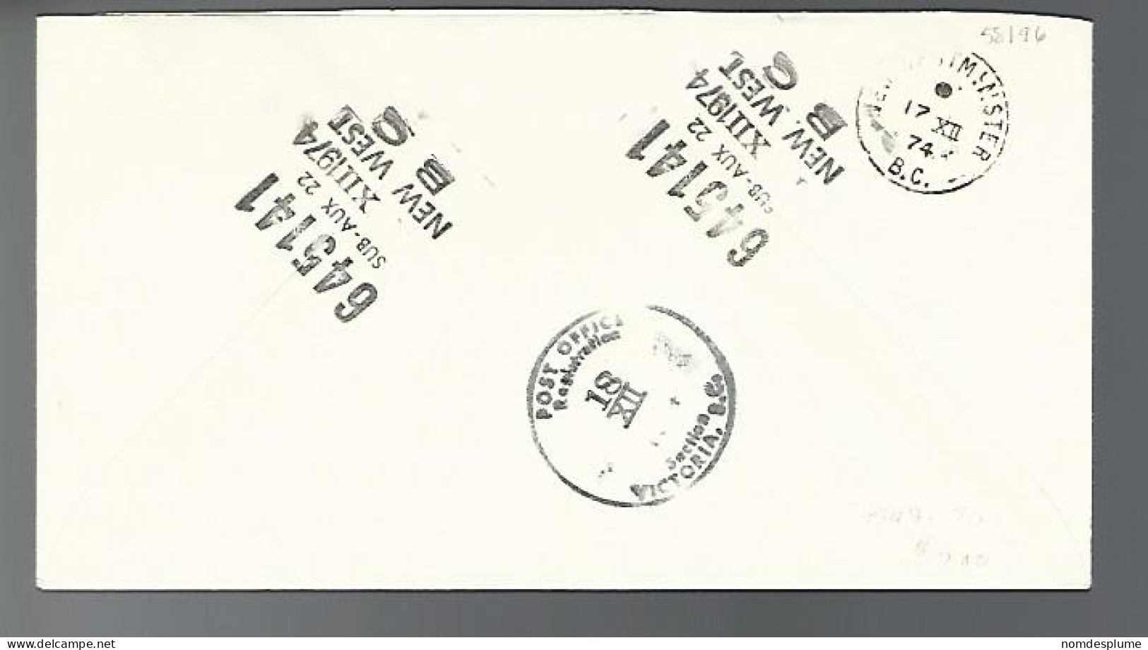 58196) Canada Registered New Westminster Postmark Cancel 1974 - Einschreibemarken