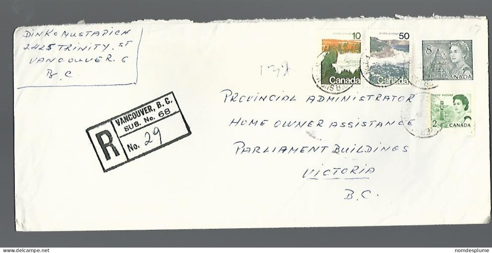 58198) Canada Registered Vancouver Sub 68  Postmark Cancel 1973 - Einschreibemarken