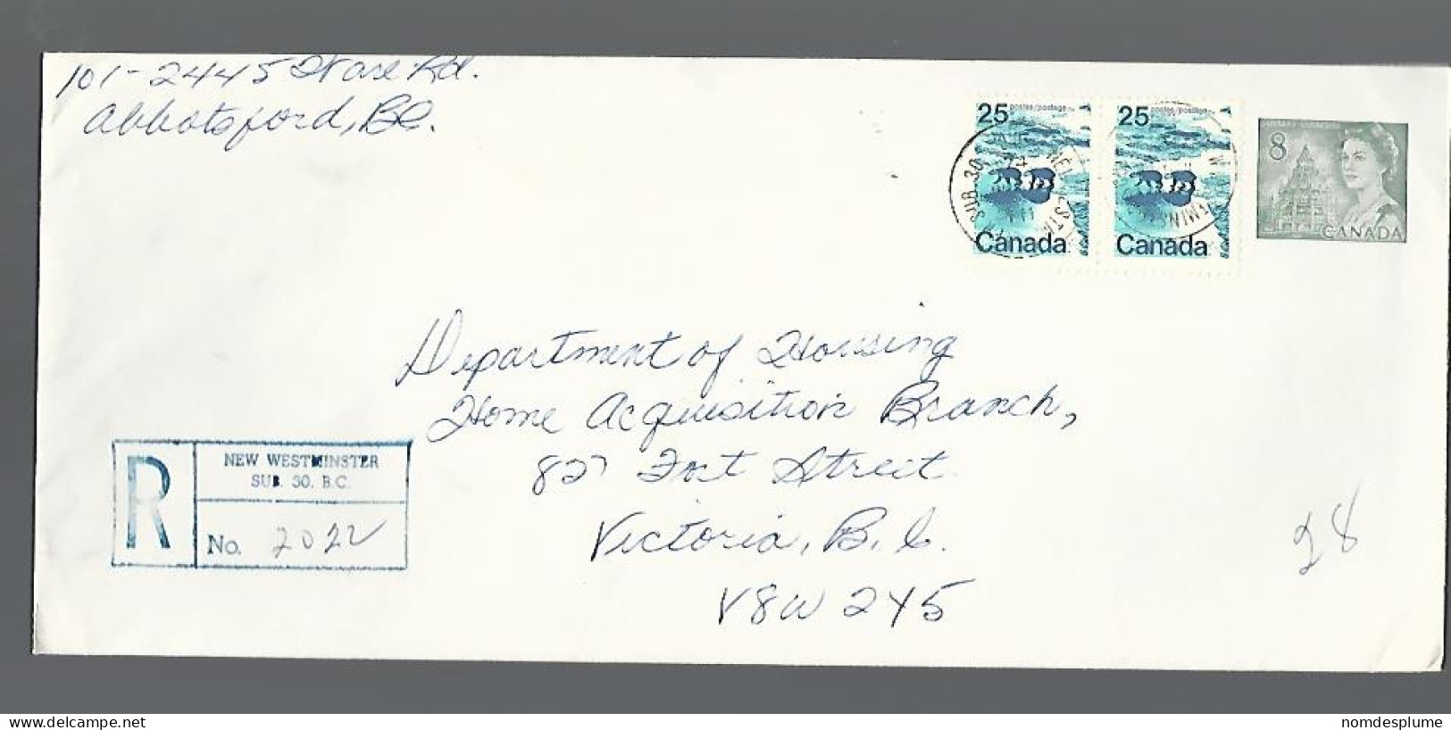 58201) Canada Registered New Westminster Sub 30 Postmark Cancel 1974 - Einschreibemarken