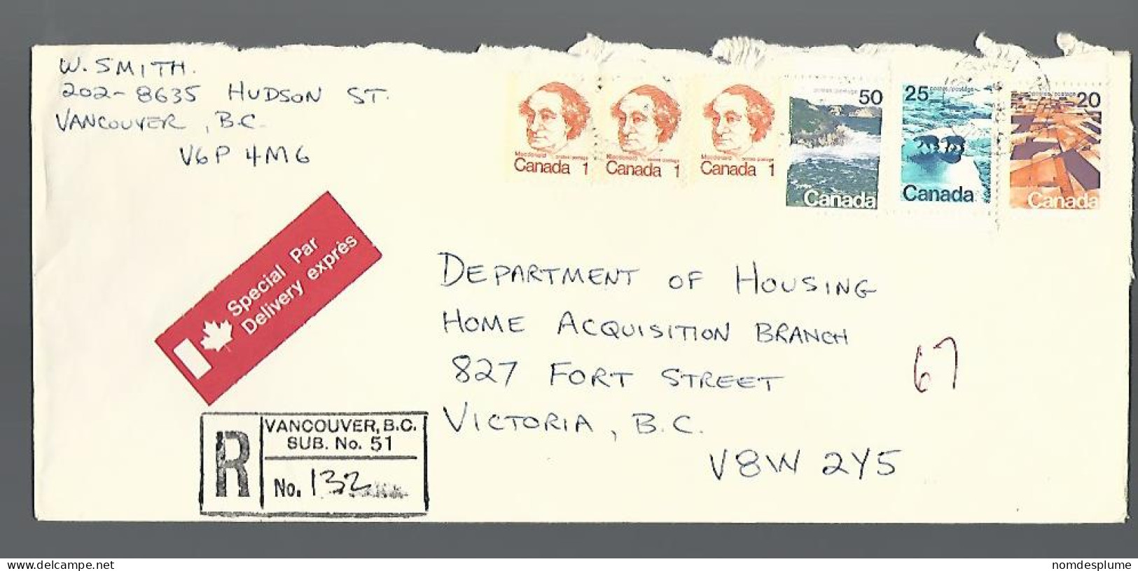 58202) Canada Special Delivery Registered Vancouver Sub 51 Postmark Cancel 1974 - Espressi