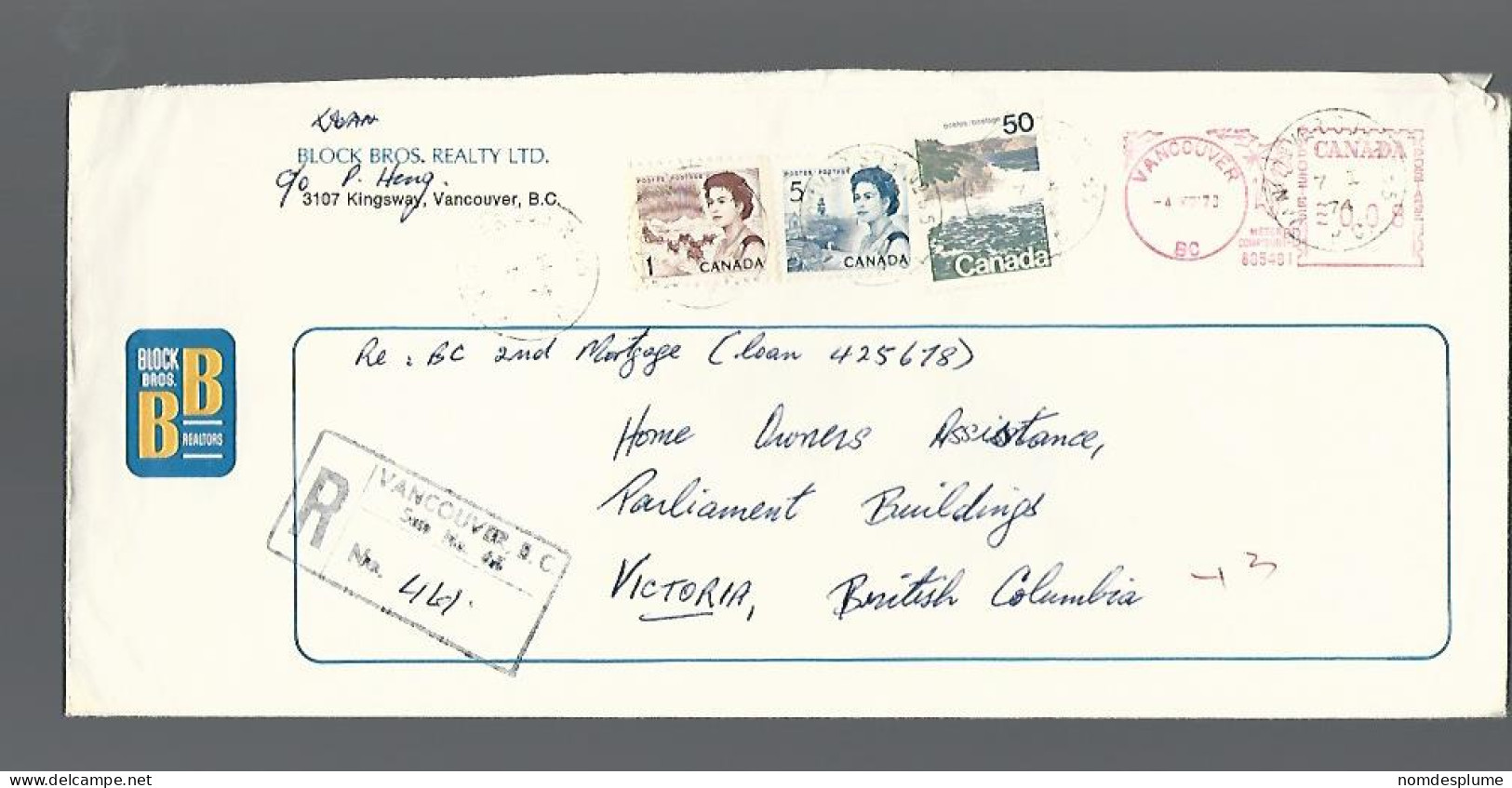 58203) Canada  Registered Vancouver Sub 65 Postmark Cancel 1974 - Einschreibemarken