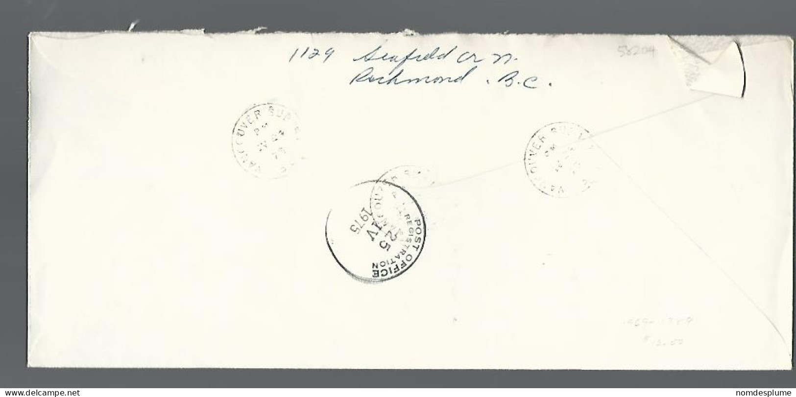 58204) Canada  Registered Vancouver Sub 147 Postmark Cancel 1975 - Recommandés