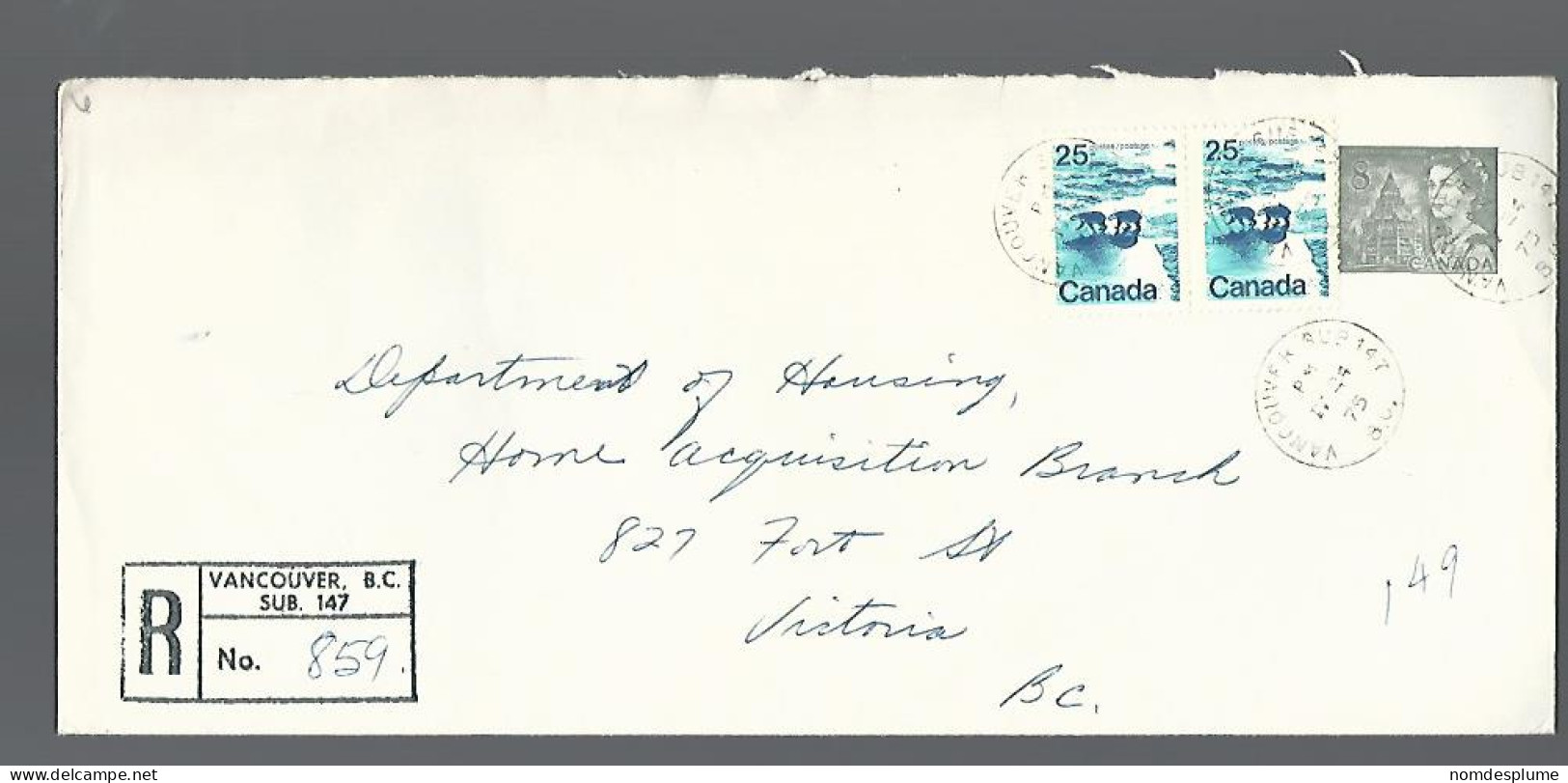 58204) Canada  Registered Vancouver Sub 147 Postmark Cancel 1975 - Aangetekend