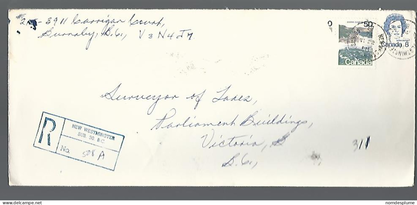 58206) Canada  Registered New Westminster Sub 30 Postmark Cancel 1974 - Recommandés