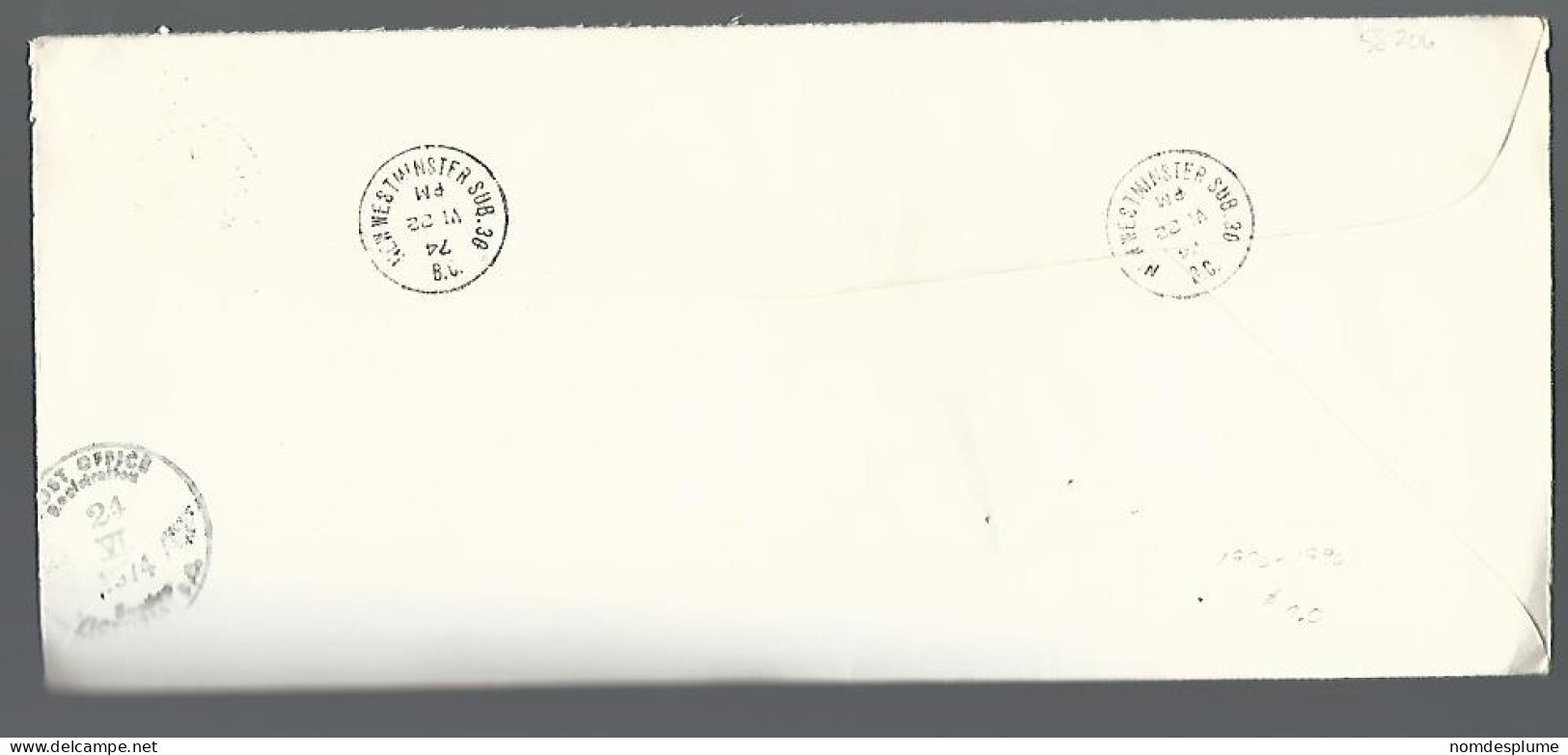 58206) Canada  Registered New Westminster Sub 30 Postmark Cancel 1974 - Einschreibemarken