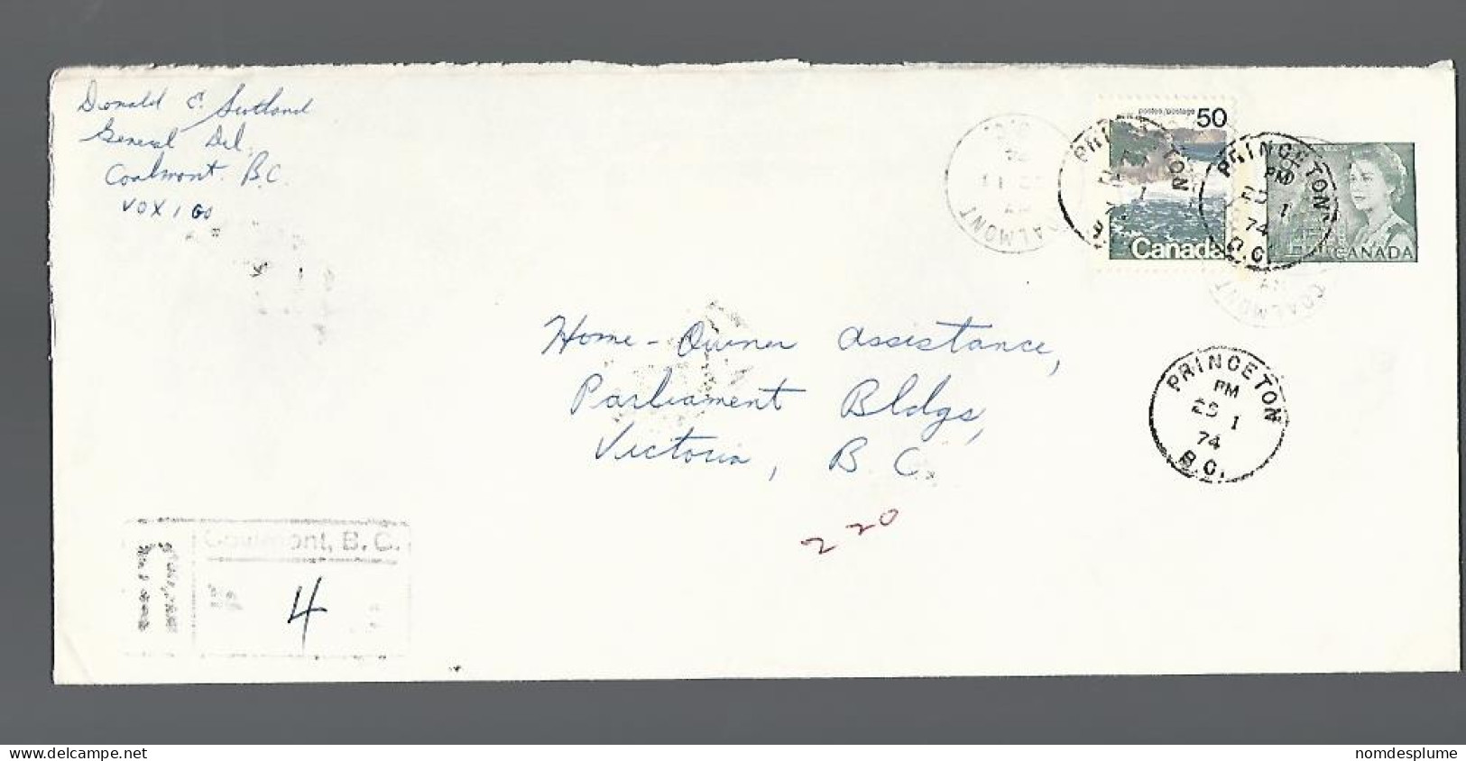 58210) Canada  Registered Coalmont Princeton Postmark Cancel 1974 - Registration & Officially Sealed