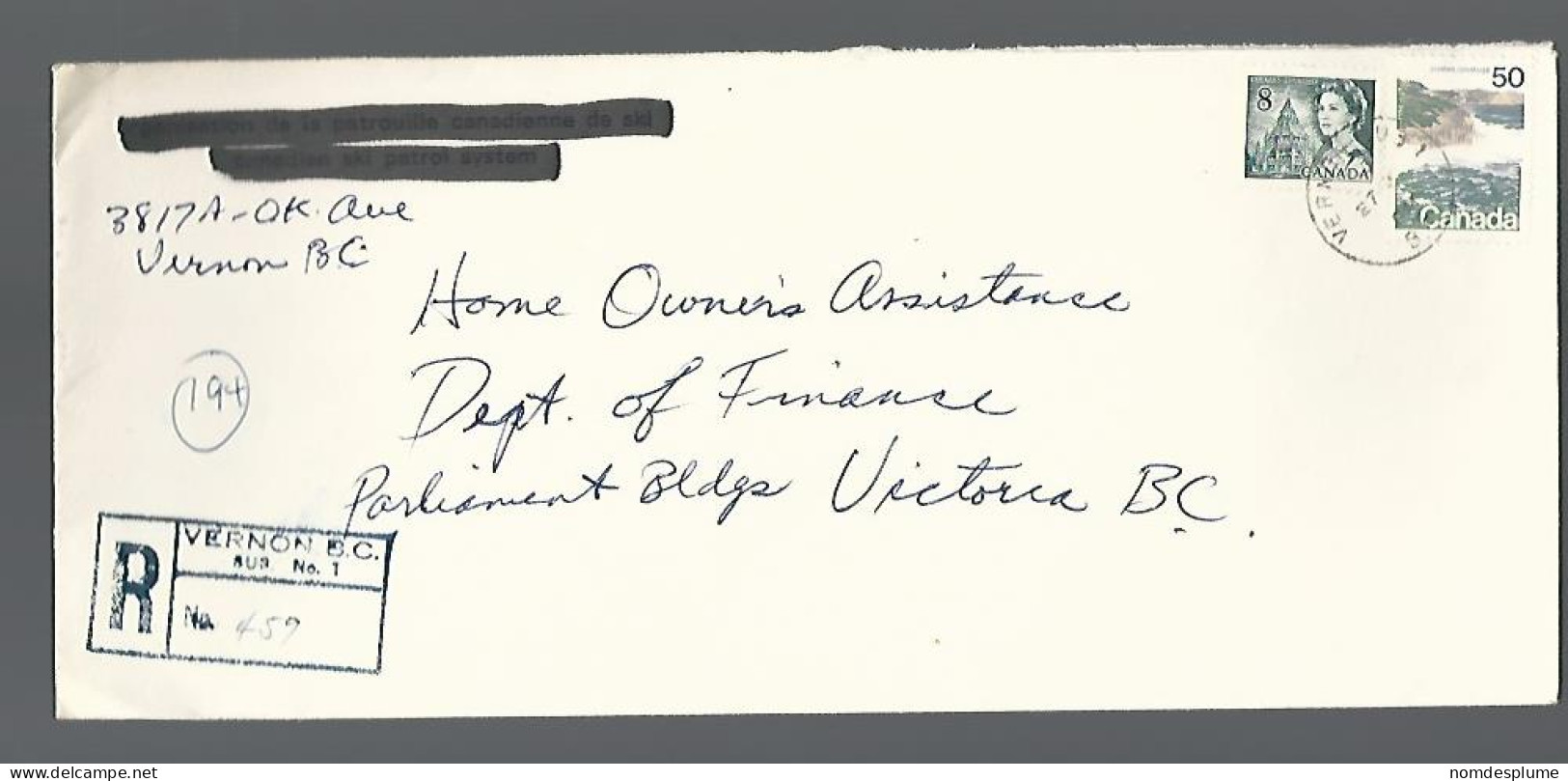 58211) Canada  Registered Vernon Postmark Cancel 1973 - Einschreibemarken
