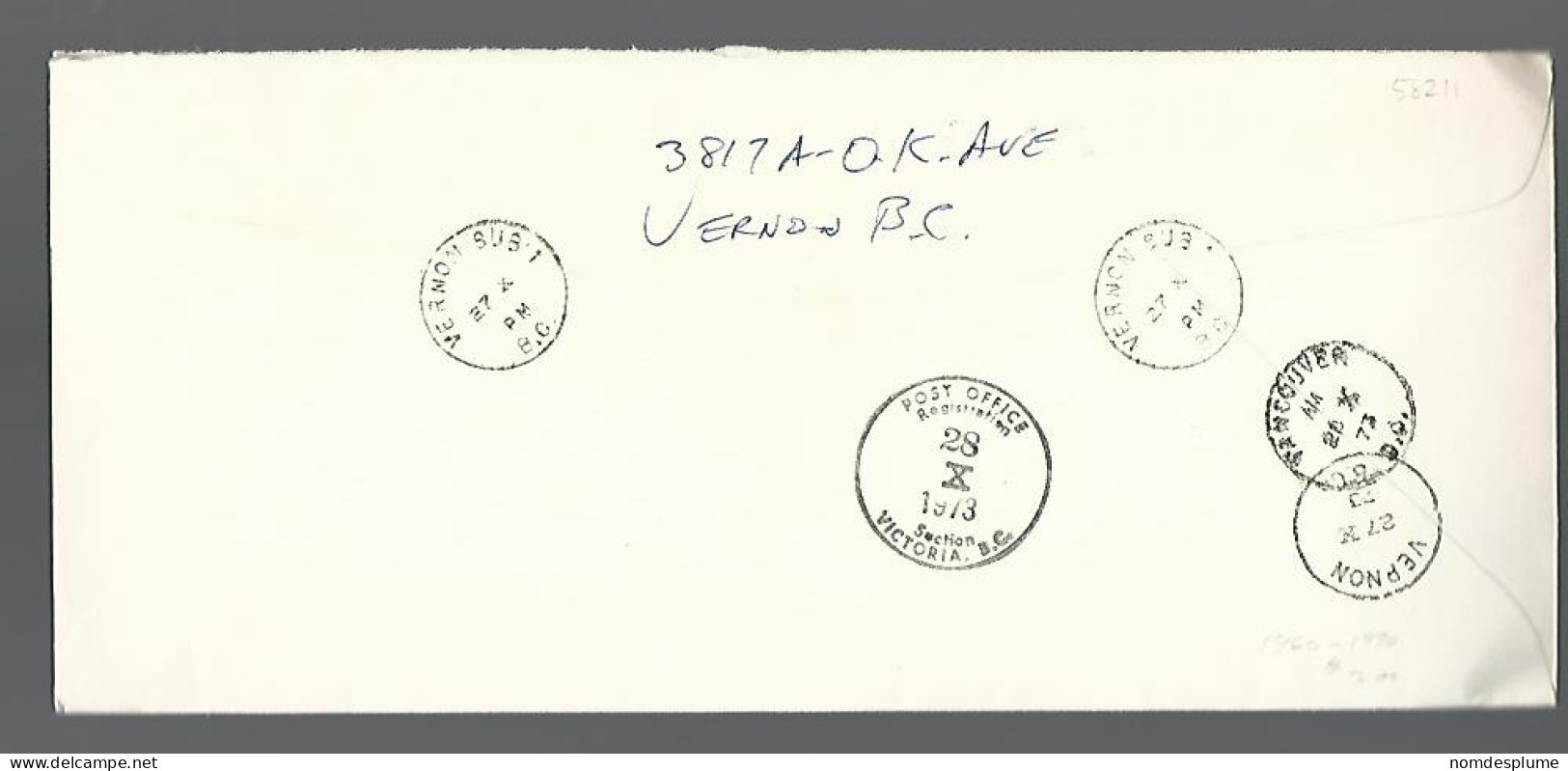 58211) Canada  Registered Vernon Postmark Cancel 1973 - Registration & Officially Sealed