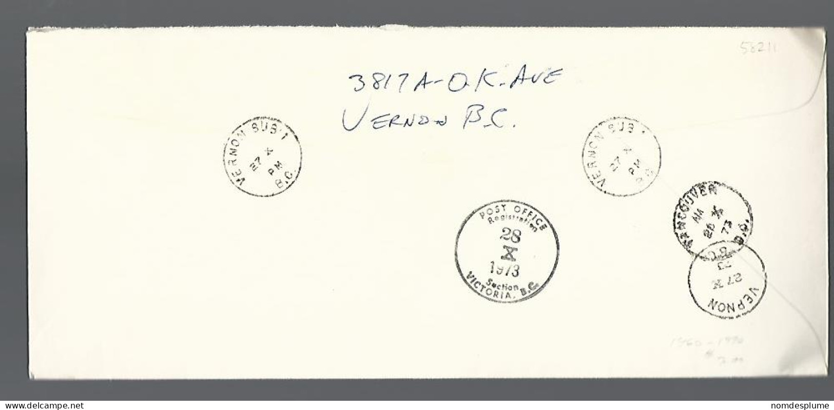 58211) Canada  Registered Vernon Postmark Cancel 1973 - Recomendados