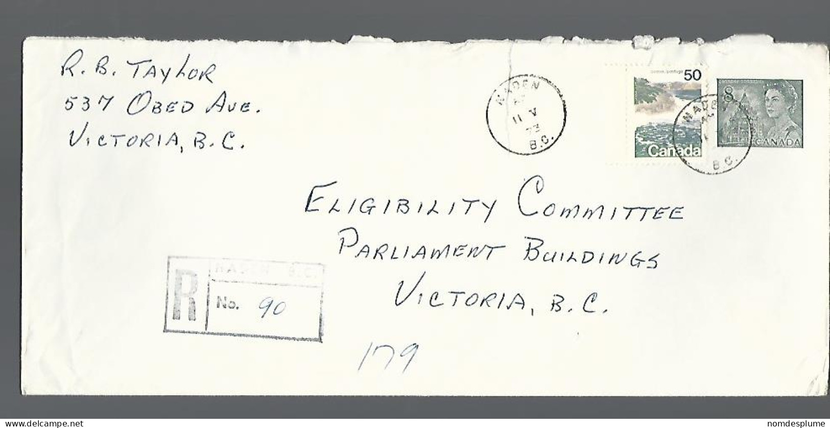 58212) Canada  Registered Naden Postmark Cancel 1973 - Aangetekend