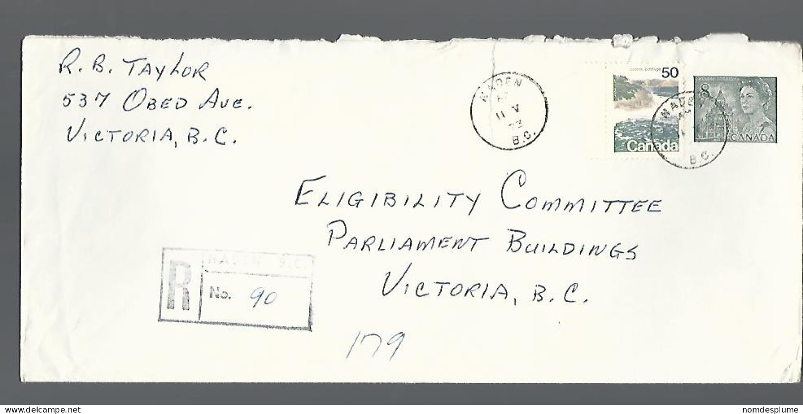 58212) Canada  Registered Naden Postmark Cancel 1973 - Raccomandate