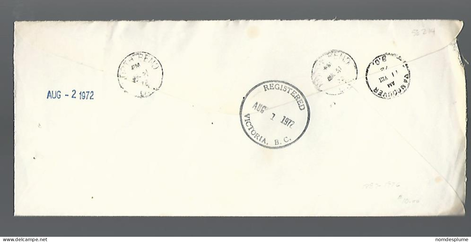 58214) Canada  Registered North Bend Postmark Cancel 1972 - Registration & Officially Sealed