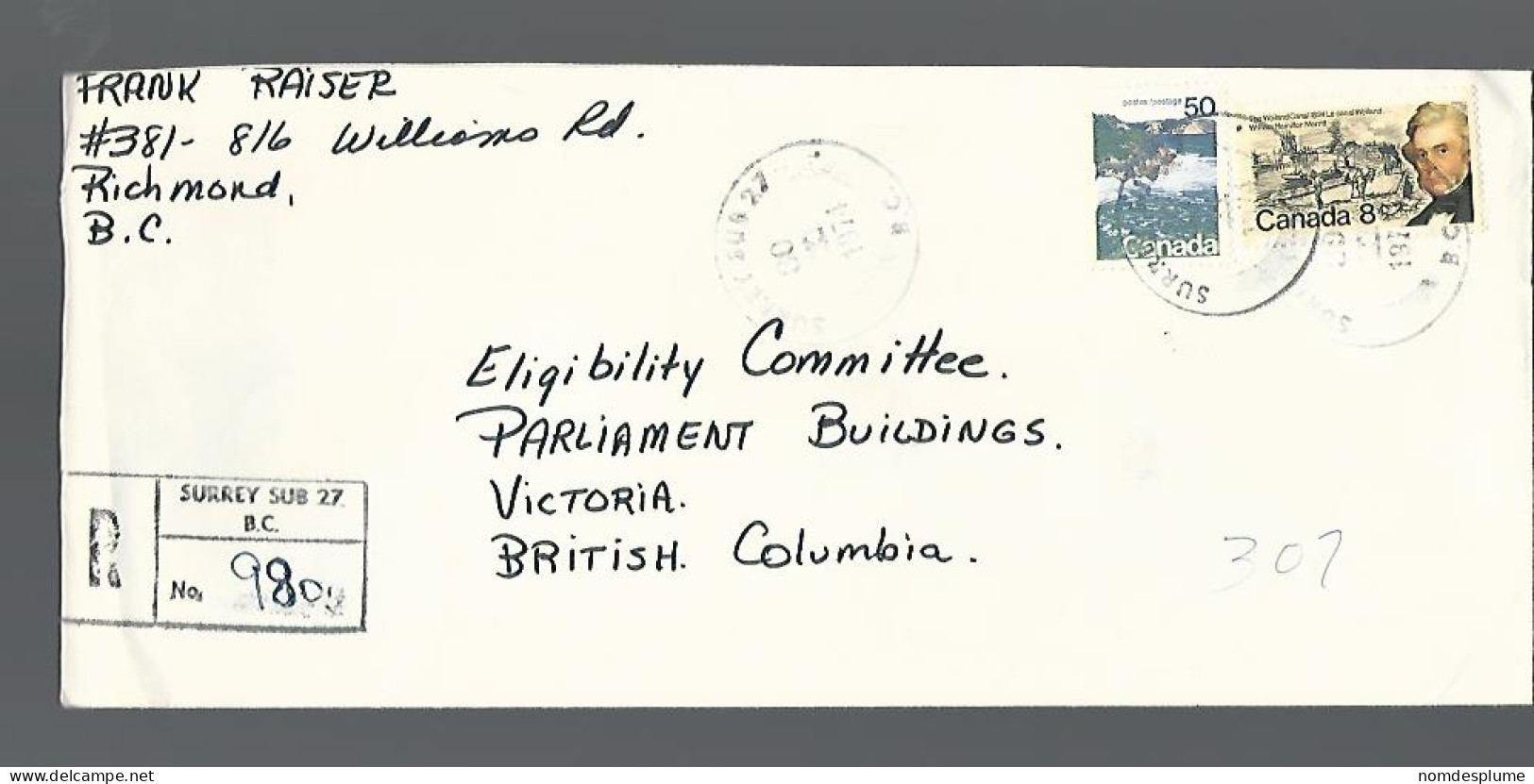 58216) Canada  Registered Surrey Sub 27 Postmark Cancel 1974 - Recommandés