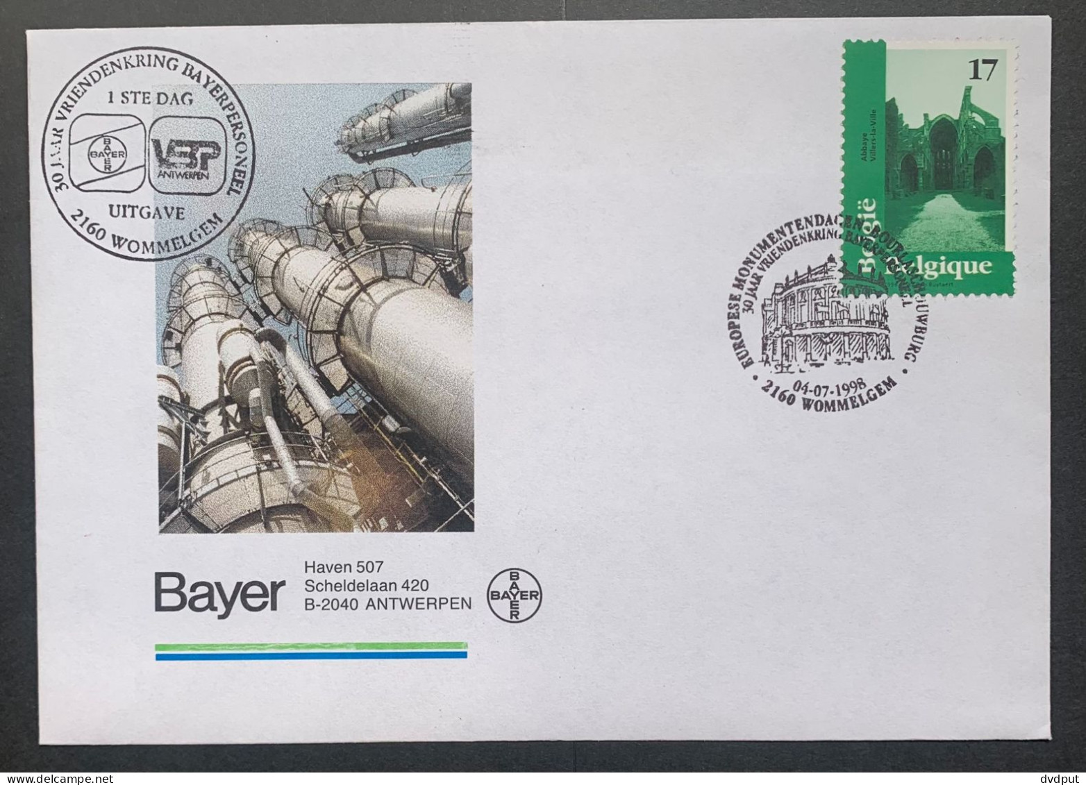 België, 1998, Nr 2773 Op Envelop ''30 Jaar Vriendenkring Bayerpersoneel'', Met 1e Dag Stempel - Usines & Industries