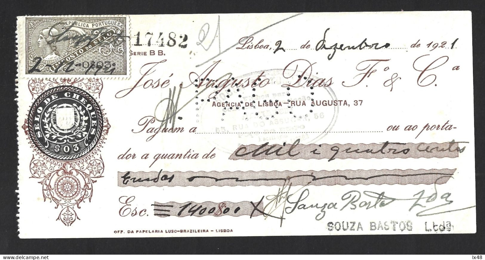 Cheque Da Casa Bancária José Augusto Dias Fº & Cª, Porto. Cheque Com Adicional Selo Do Cheque $03.1921. Raro - Chèques & Chèques De Voyage