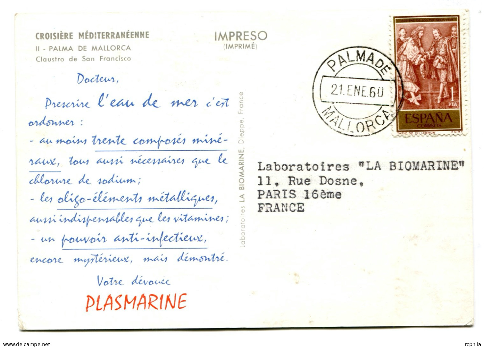 RC 25217 ESPAGNE 1960 PLASMARINE CROISIERE MÉDITERRANÉENNE PALMA DE MALLORCA POUR LA FRANCE - Brieven En Documenten