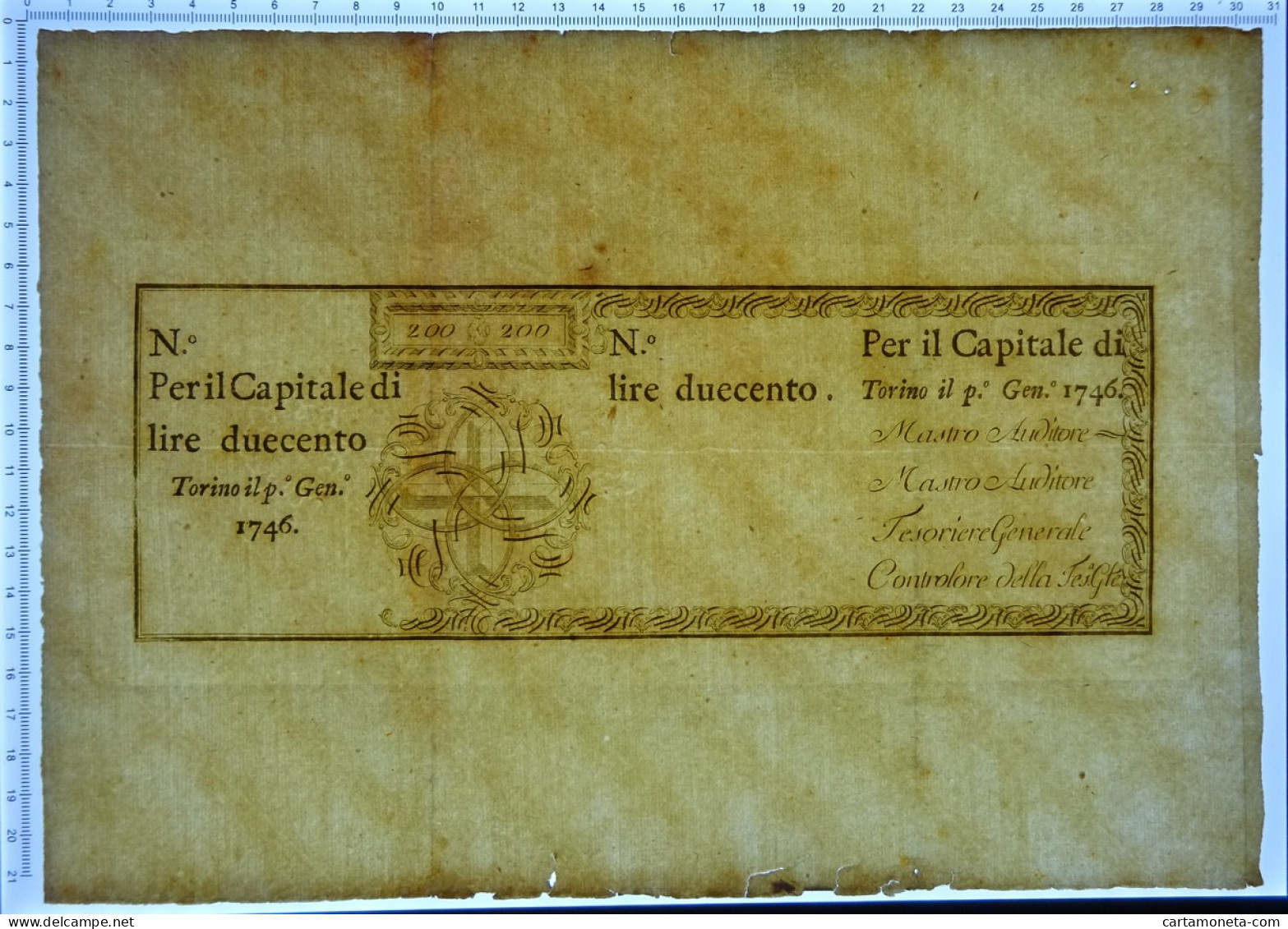 200 LIRE NON EMESSO FOGLIO REGIE FINANZE TORINO REGNO DI SARDEGNA 01/01/1746 BB - Otros & Sin Clasificación