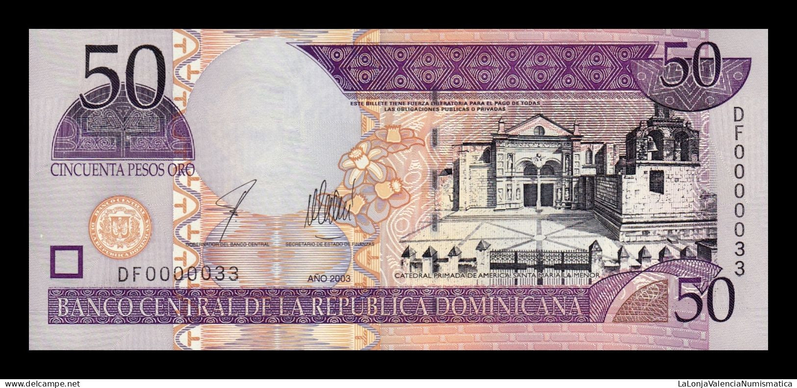 República Dominicana 50 Pesos Oro 2003 Pick 170b Low Serial 33 Sc Unc - Dominicaine