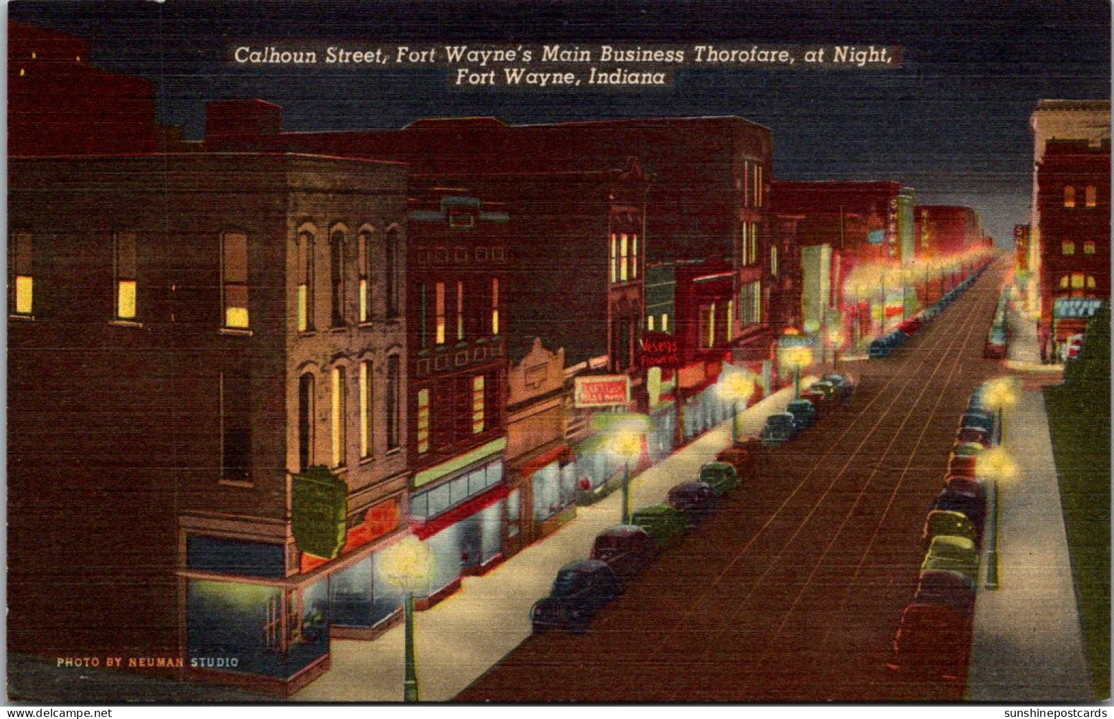 Indiana Fort Wayne Calhoum Street Main Business Thorofare At Night Curteich - Fort Wayne