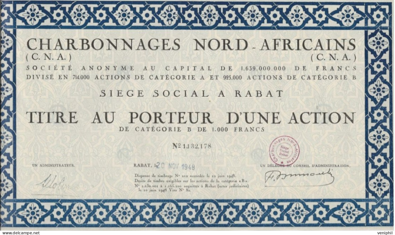 CHARBONNAGES NORD-AFRICAINS - SIEGE SOCIAL RABAT - TITRE AU PORTEUR D'UNE ACTION -ANNEE 1948 - Bergbau