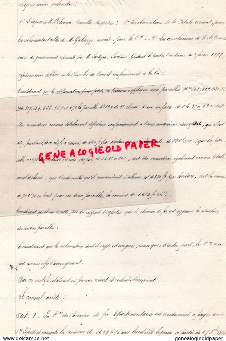 20- BASTIA-ARRETE CONSEIL PREFECTURE CORSE-COLONNA-ORTOLI PERETTI-18891-DOMMAGES CHEMINS DE FER LEPIDI-SAIGON-RAFFAELLI - Documentos Históricos