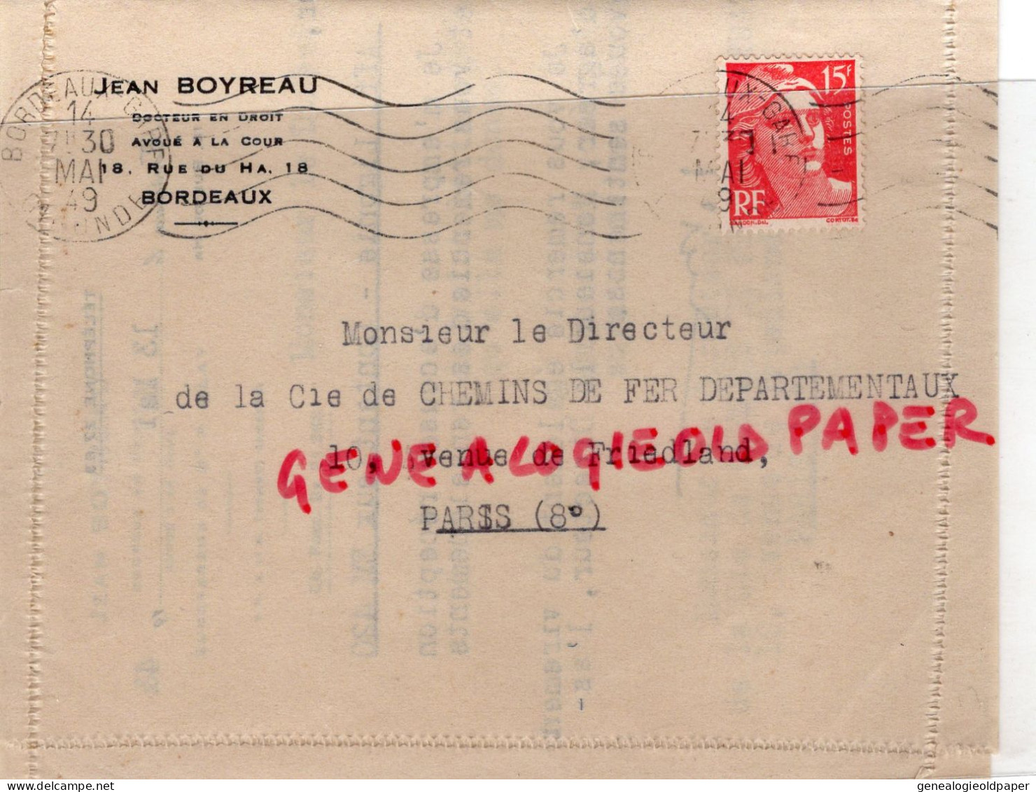 33- BORDEAUX- CARTE LETTRE JEAN BOYREAU - B. BLAY-DOCTEUR EN DROIT-CHEMINS DE FER DEPARTEMENTAUX  PARIS- LIGONIE -1948 - Documentos Históricos