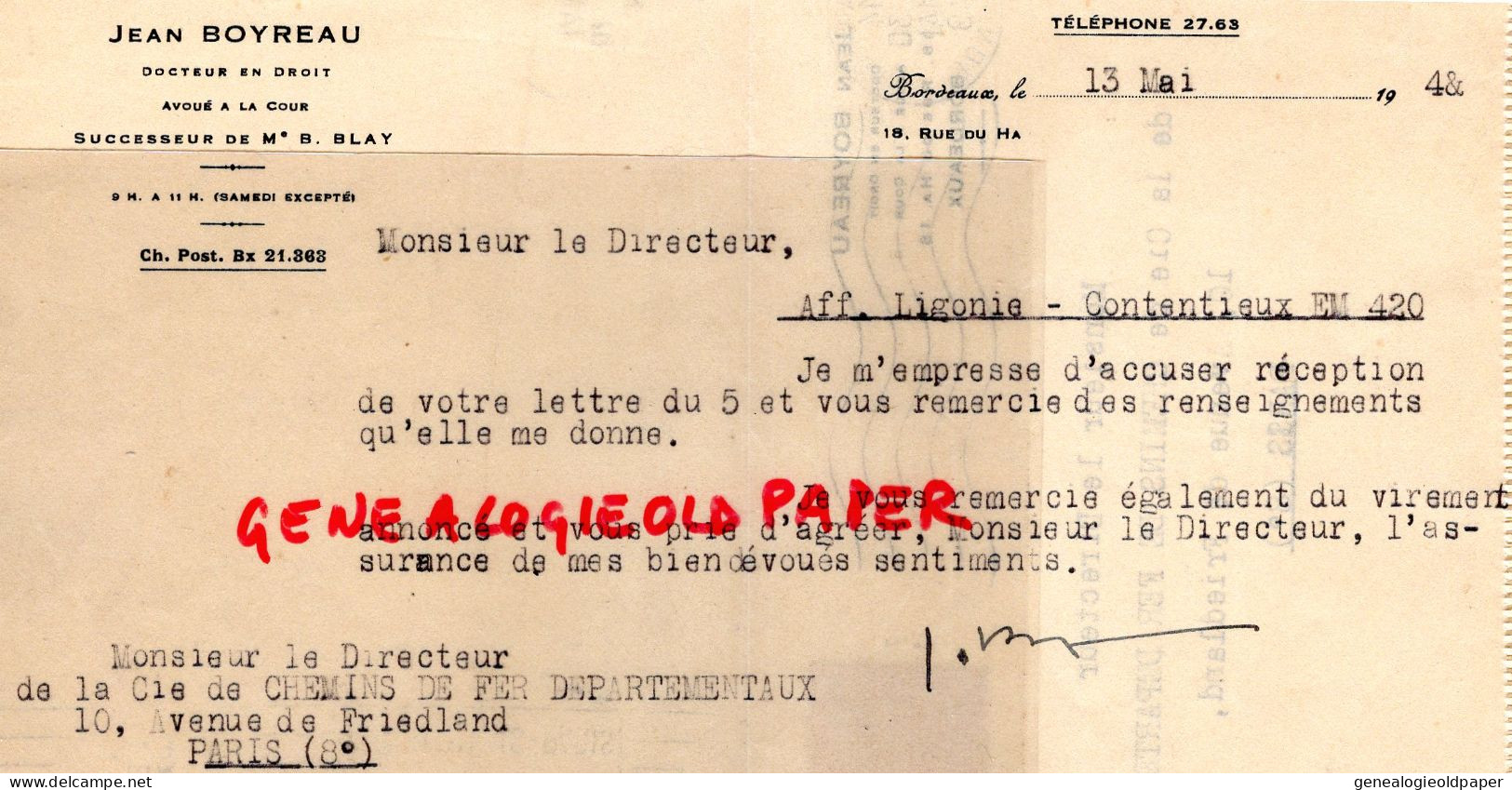 33- BORDEAUX- CARTE LETTRE JEAN BOYREAU - B. BLAY-DOCTEUR EN DROIT-CHEMINS DE FER DEPARTEMENTAUX  PARIS- LIGONIE -1948 - Documents Historiques