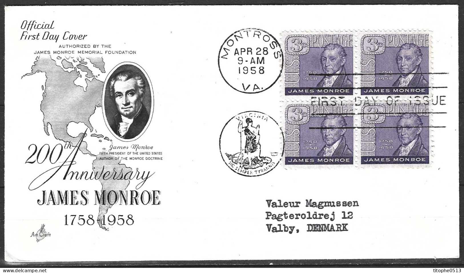 USA. N°641 De 1958 Sur Enveloppe 1er Jour. James Monroe. - 1951-1960