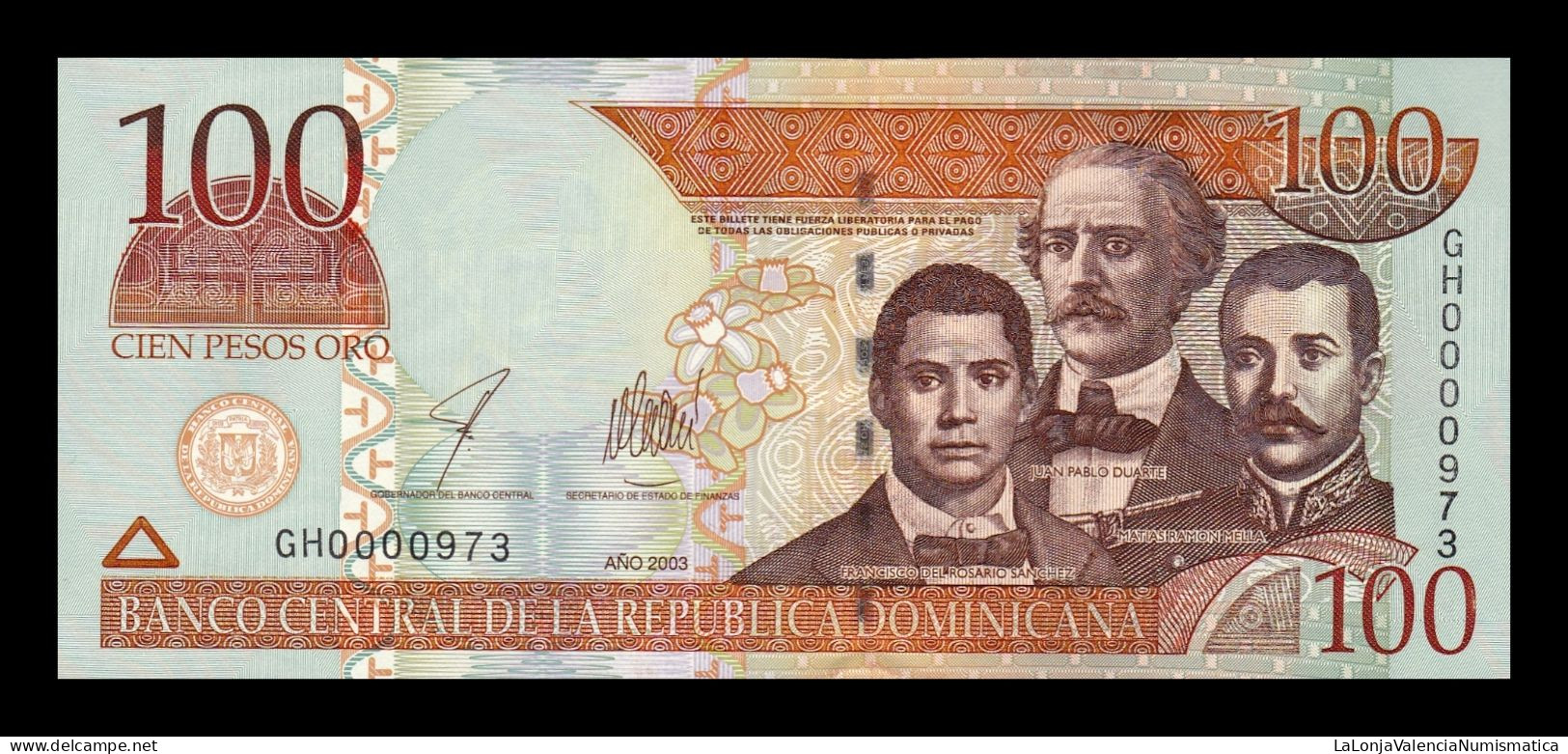 República Dominicana 100 Pesos Oro 2003 Pick 171c Low Serial 973 Sc Unc - Dominicaine