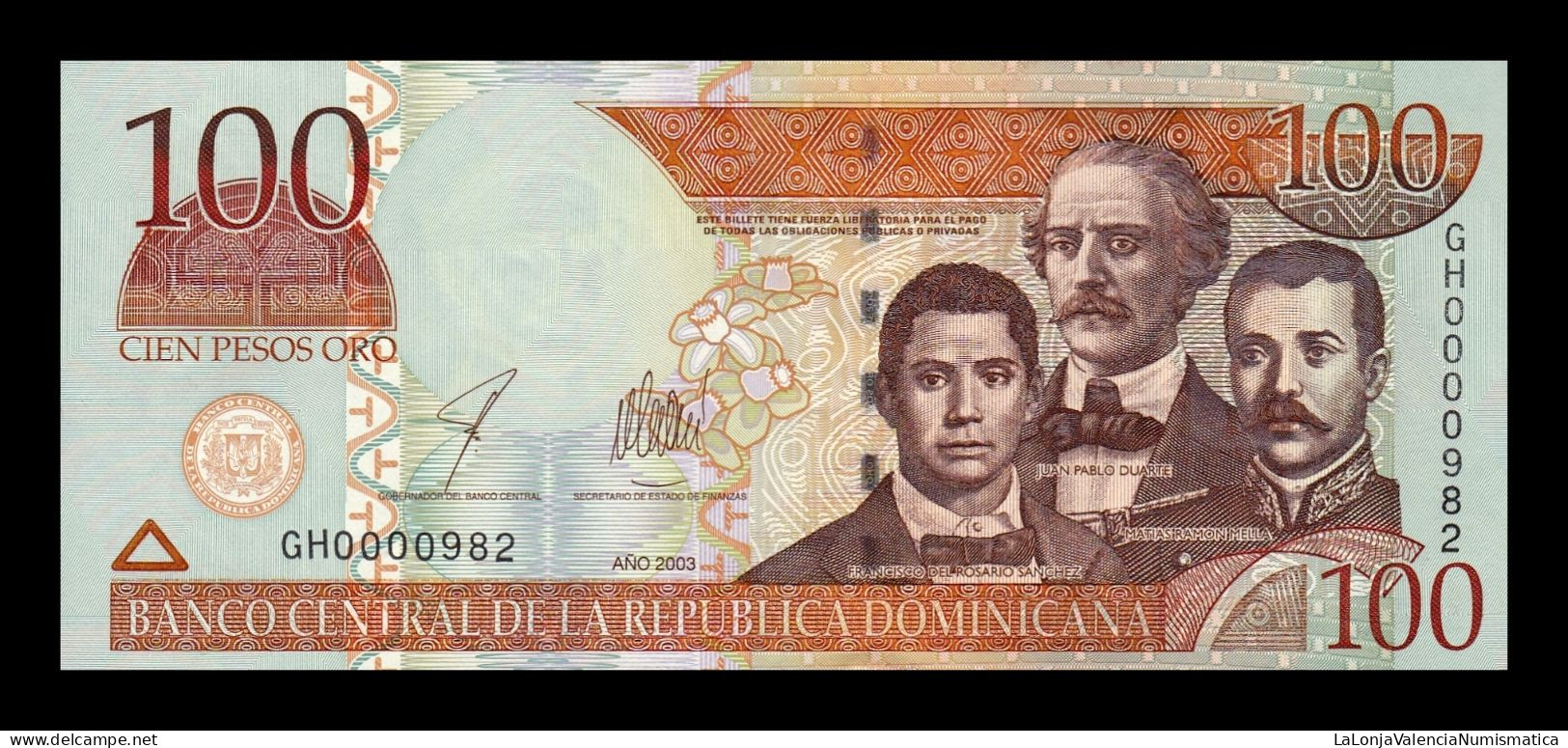 República Dominicana 100 Pesos Oro 2003 Pick 171c Low Serial 982 Sc Unc - Dominicaine