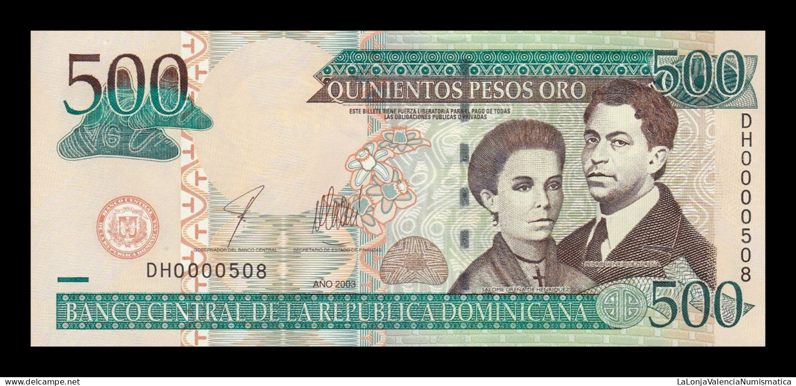 República Dominicana 500 Pesos Oro 2003 Pick 172b Low Serial 508 Sc Unc - Dominicaine