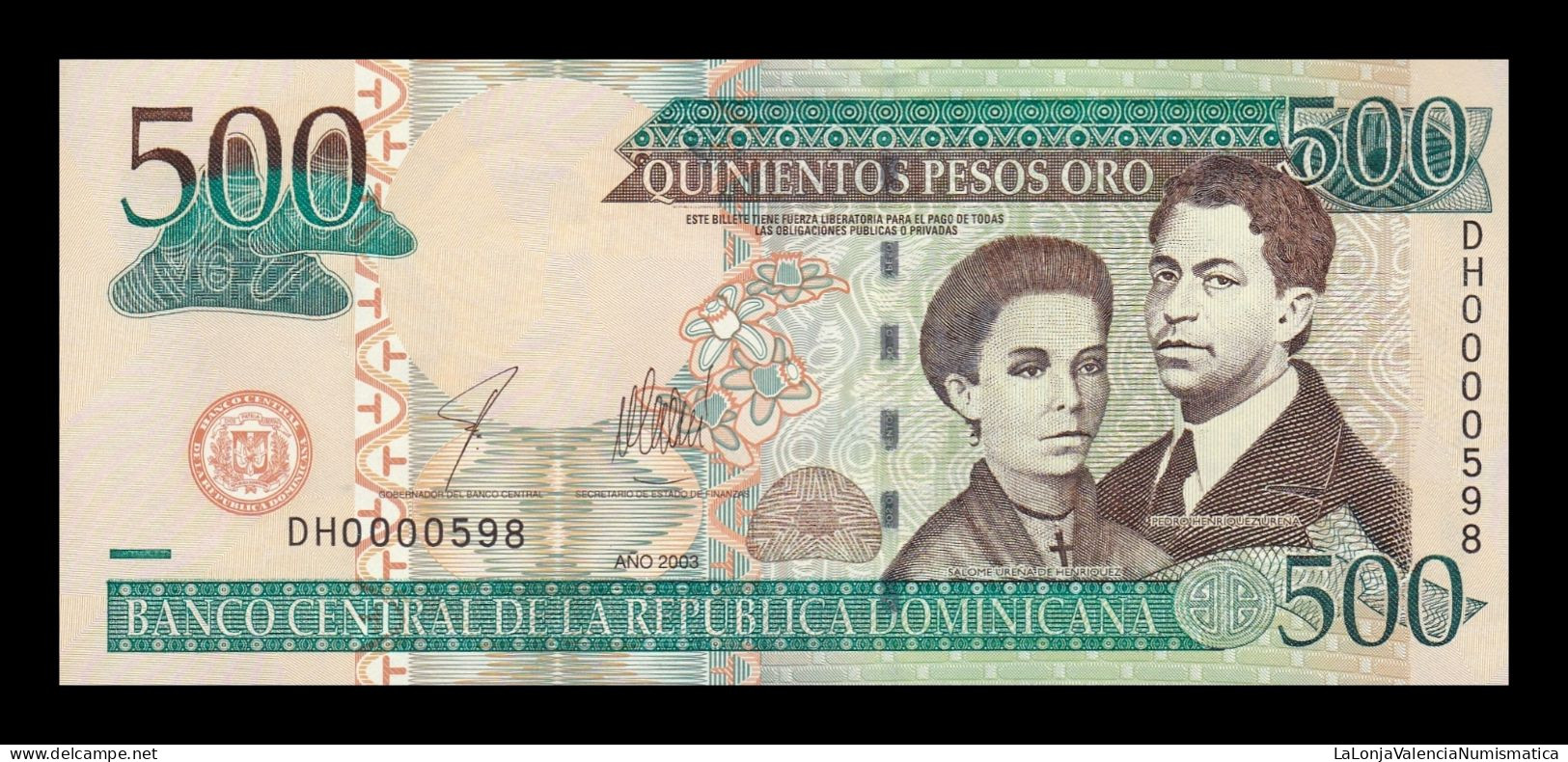 República Dominicana 500 Pesos Oro 2003 Pick 172b Low Serial 598 Sc Unc - Dominicaine