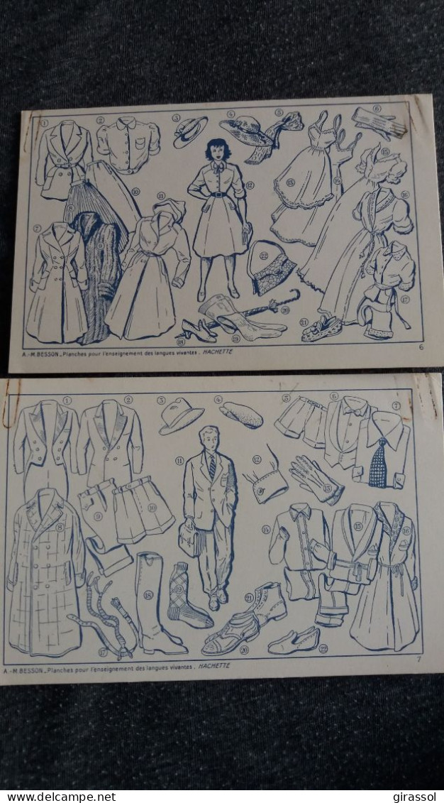 2 IMAGES PLANCHES POUR L ENSEIGNEMENT DES LANGUES VIVANTES HACHETTE A MA BESSON FEMME ET HOMME A HABILLER - Materiaal En Toebehoren