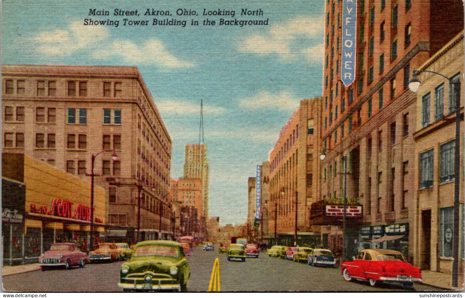 Ohio Akron Main Street Looking North Showing Tower Building In The Background Curteich - Akron
