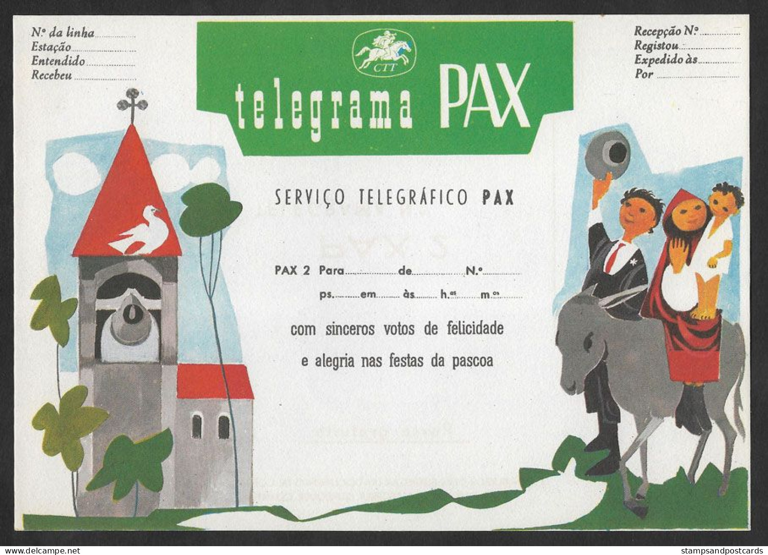 Portugal Télégramme Pâques Âne Colombe Eglise Avec Cloche  Easter Telegram Donkey Dove Church With Bell - Donkeys