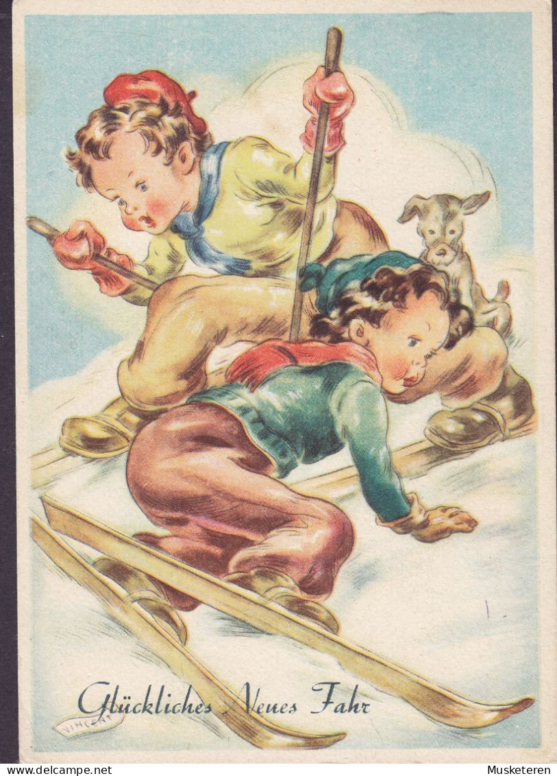 Italy/Germany? PPC Illustrator 'Vincent' Glückliches Neues Jahr. Children Skiing & Dog Hund Chien (2 Scans) - Vincent P.