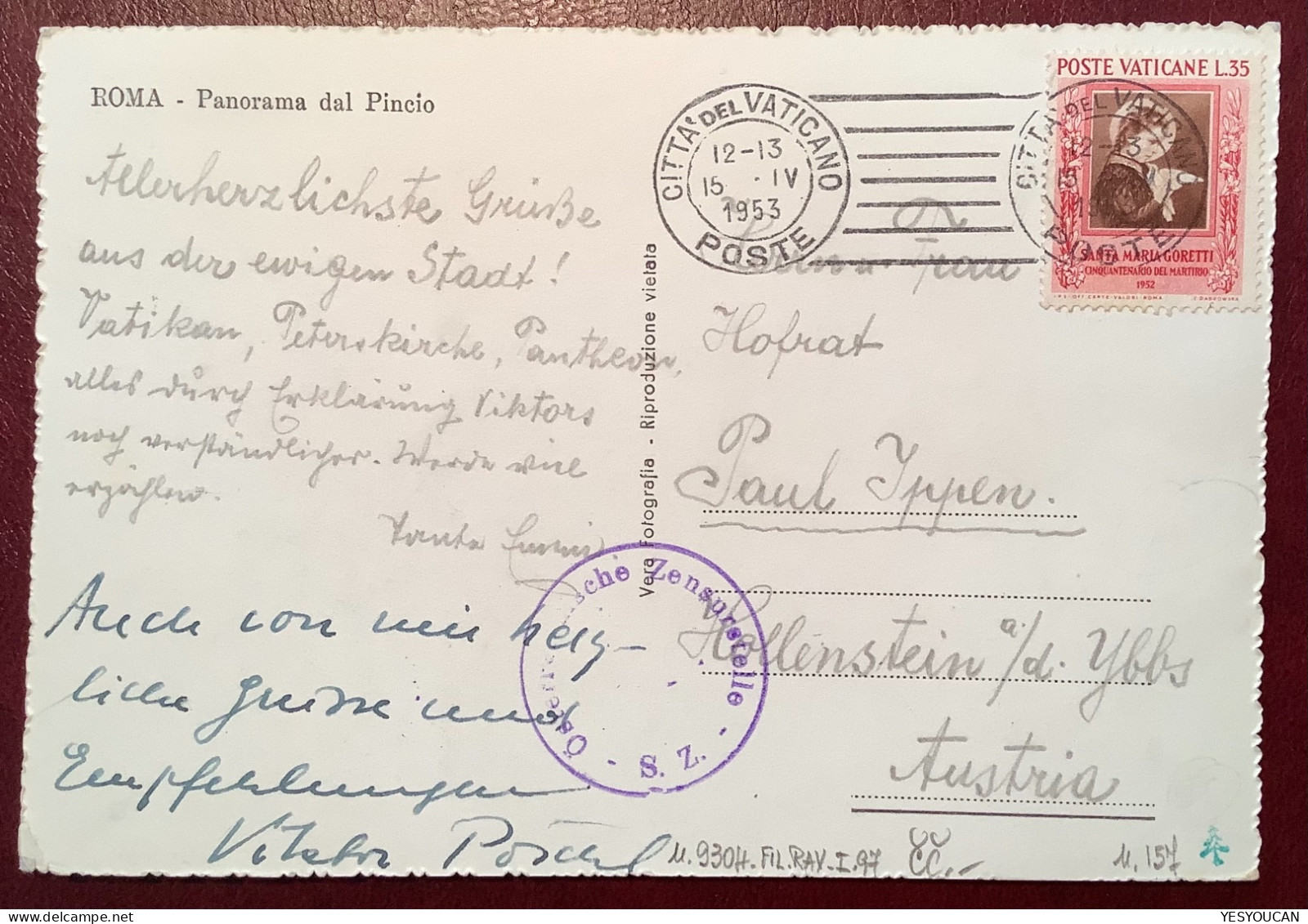 Sa157 1953 35L Santa Maria Goretti CENSURA ! Cartoline>Österreich ZENSUR(Vatican Vaticano Censored Dove Colombe Lettera - Covers & Documents