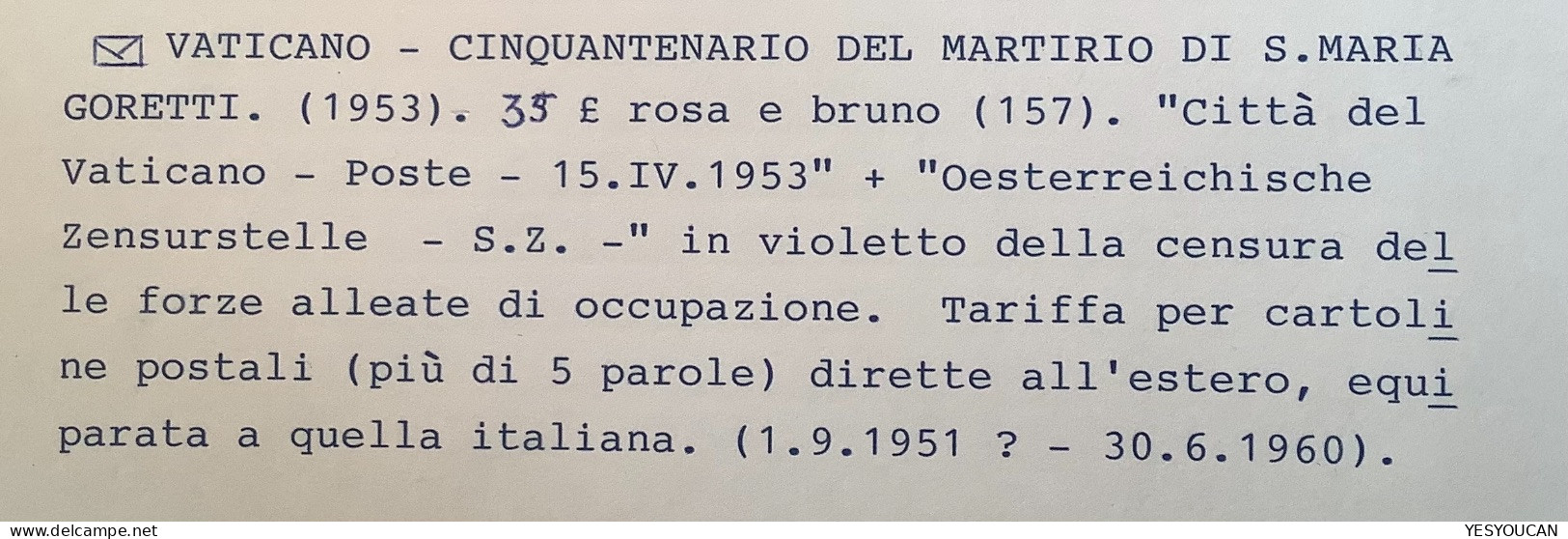 Sa157 1953 35L Santa Maria Goretti CENSURA ! Cartoline>Österreich ZENSUR(Vatican Vaticano Censored Dove Colombe Lettera - Brieven En Documenten