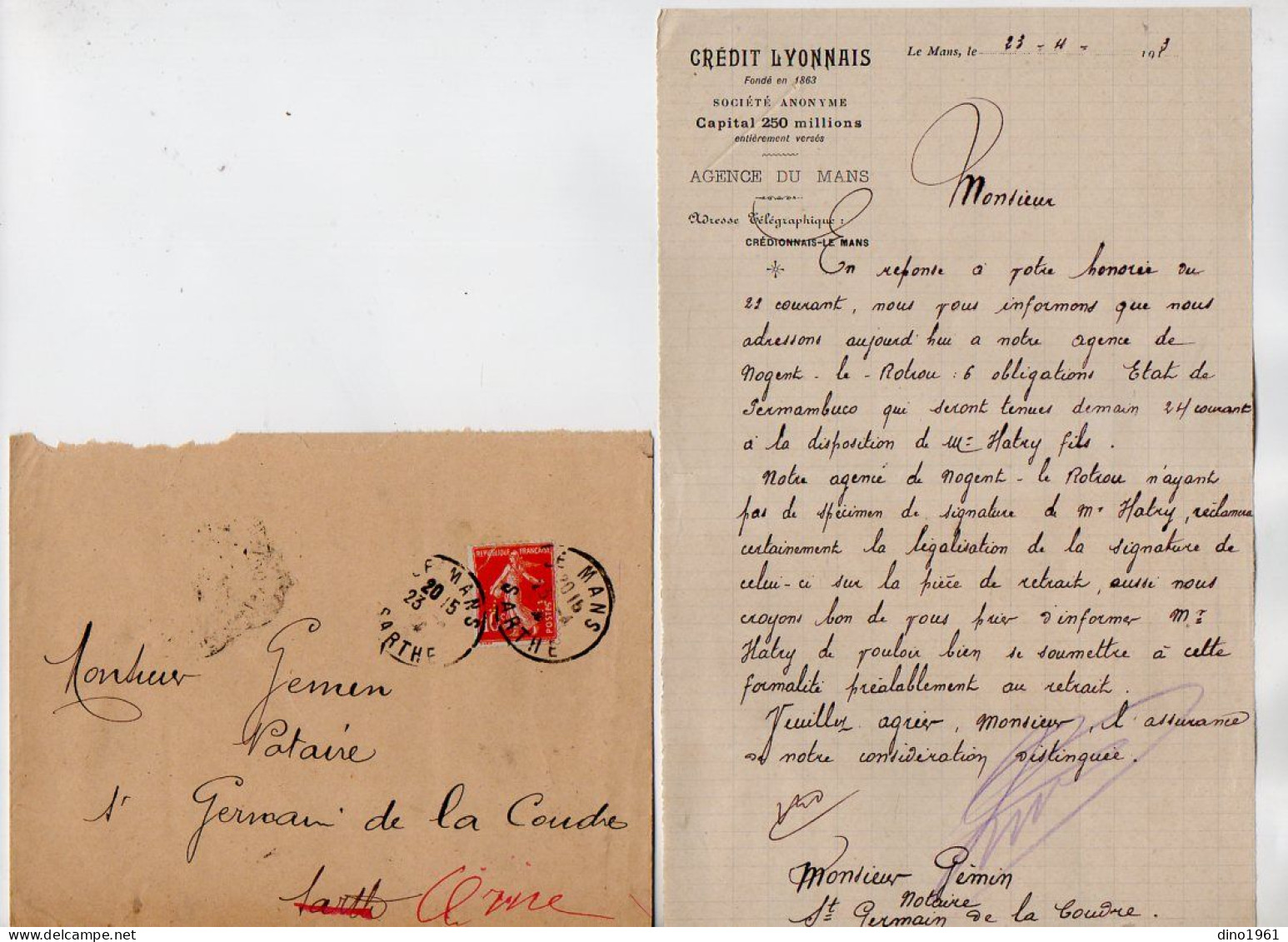 VP22.032 - 1913 - Lettre Du Crédit Lyonnais Agence Du MANS Pour Me GEMIN Notaire à SAINT - GERMAIN - DE - LA - COUDRE - Banco & Caja De Ahorros