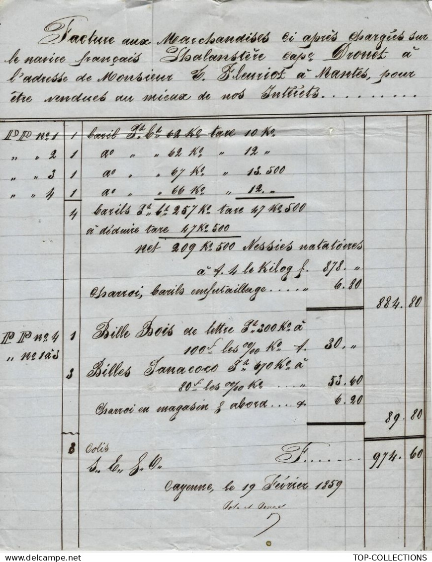 1857 NAVIGATION FACTURE DE MARCHANDISES DENREES COLONIALES De Cayenne GUYANE FRANCAISE  Pour Nantes Fleuriot - 1800 – 1899