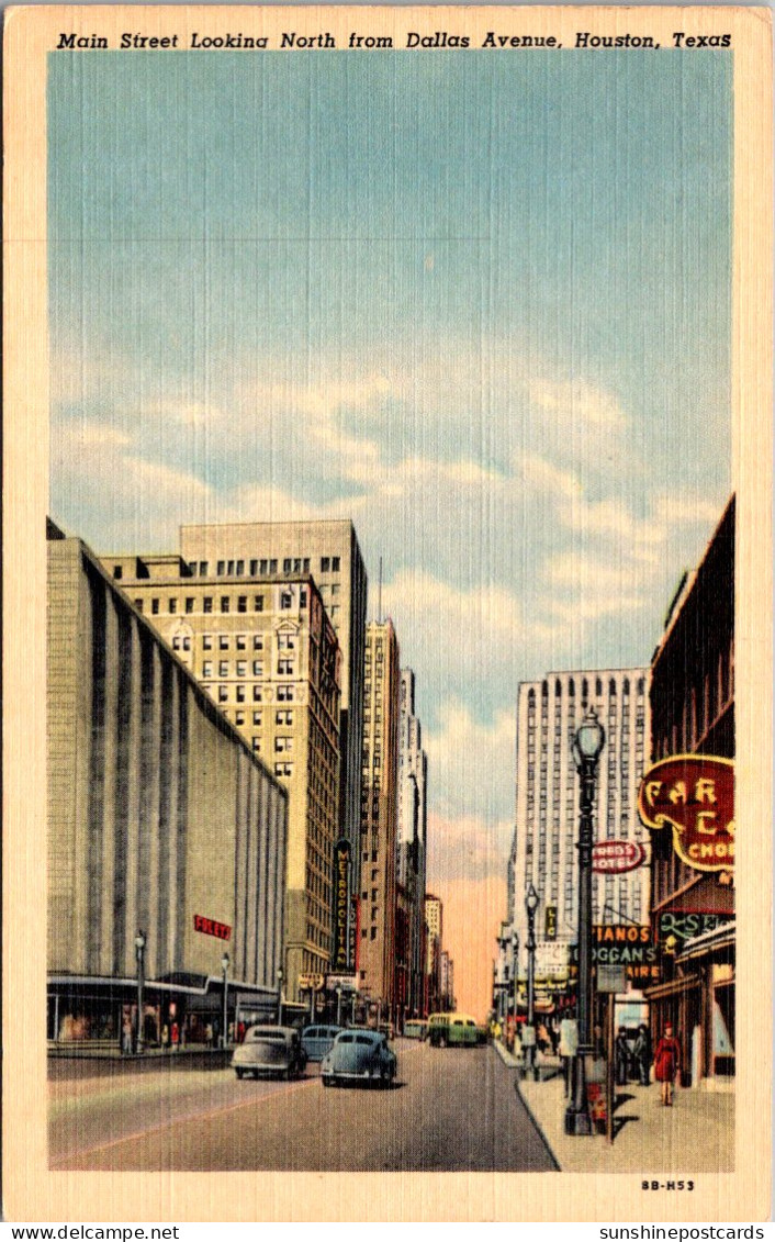 Texas Houston Main Street Looking North From Dallas Avenue Curteich - Houston