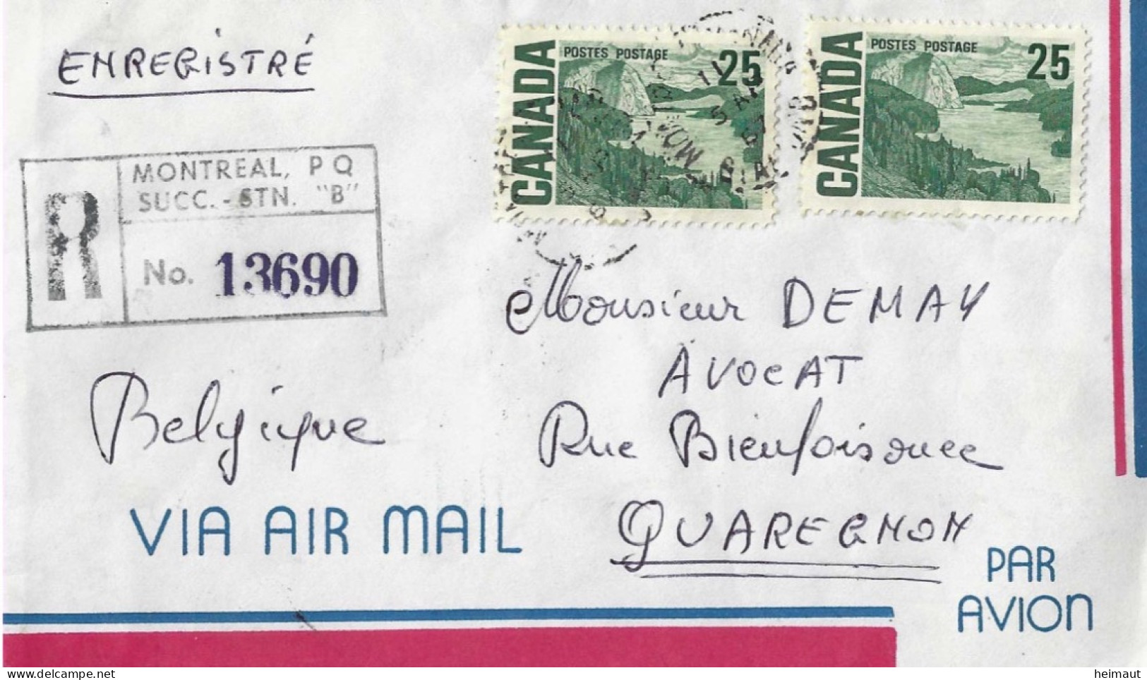 Canada - Enveloppe Recommandée Via Air Mail - 1967, De Montréal à Quaregnon - Poste Aérienne