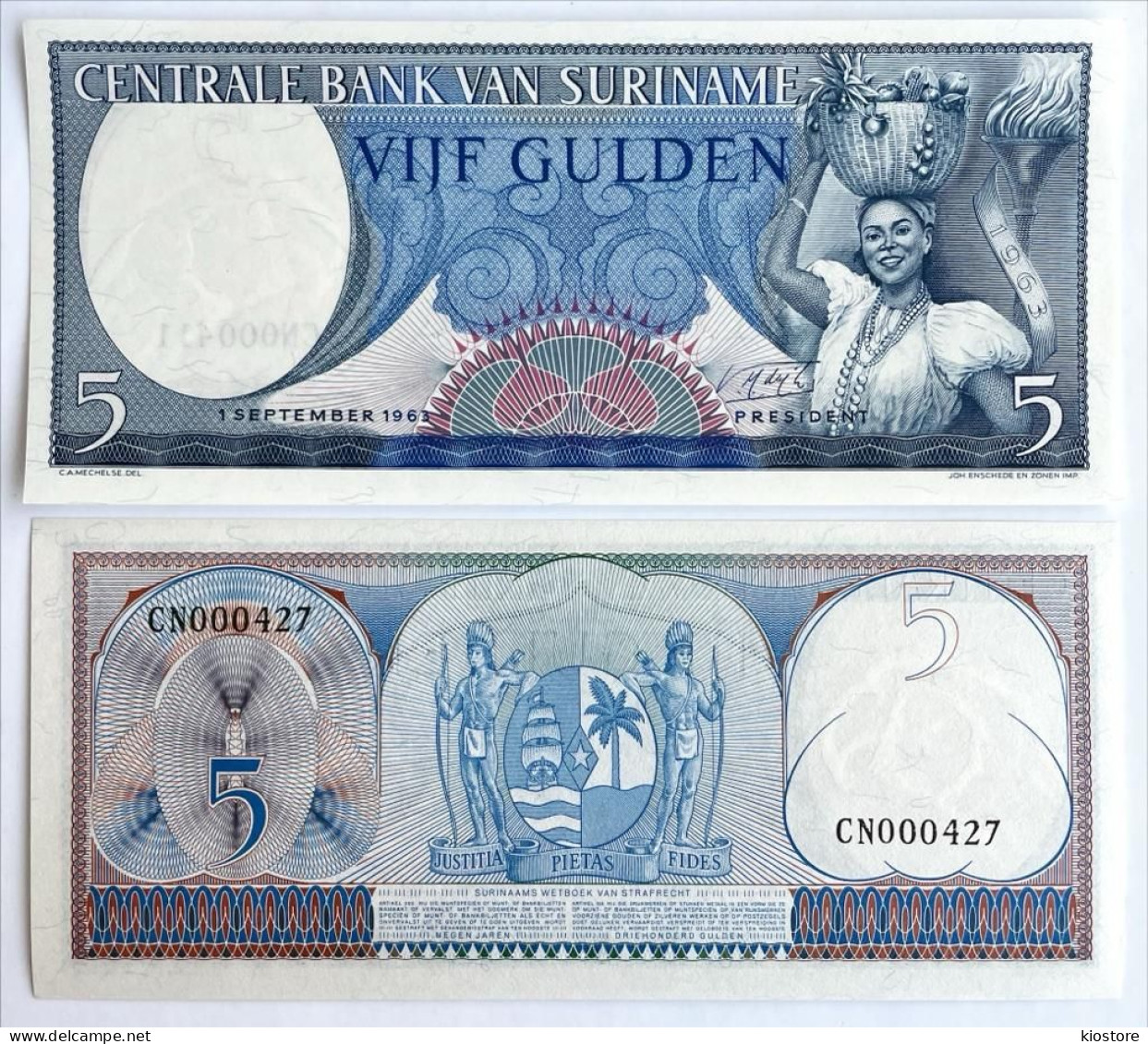 Surinam 5 Gulden 1963 P#120 Low Serial UNC - Suriname