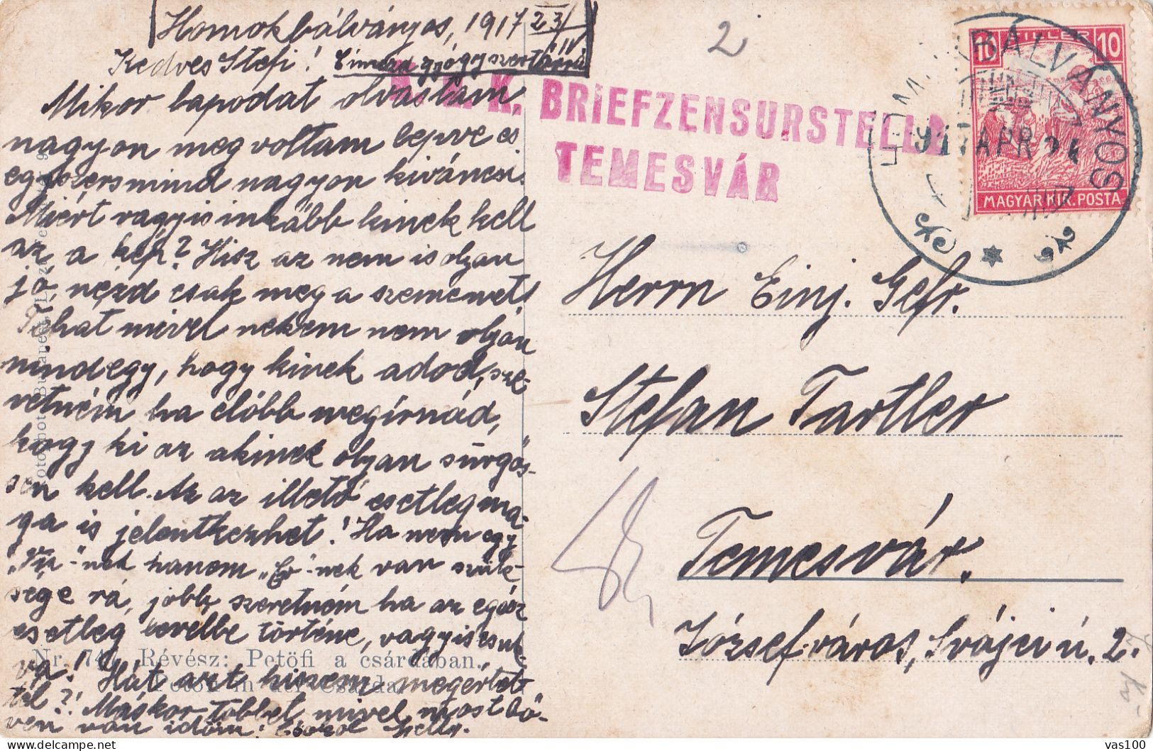 Romania, 1917, WWI OCC HUNGARY Censored CENSOR TEMESVAR ,  POSTCARD - 2. Weltkrieg (Briefe)