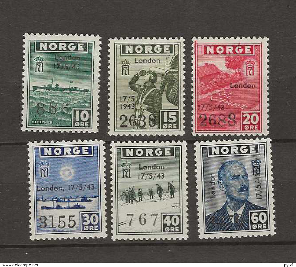 1943 MNH Norway "London 17/5/43" Overprint Issue With Certificate Moldenhauer - Neufs