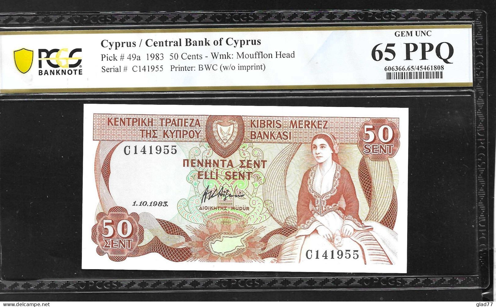 Cyprus  50 Sent 1.10.1983 PCGS Banknote  65PPQ  GEM UNC! - Zypern