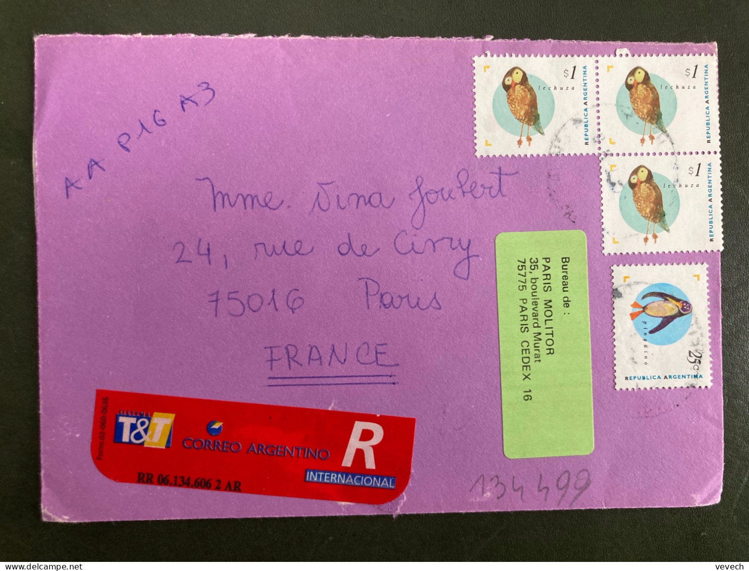 LR Pour La FRANCE TP OISEAU LECHUZA S1 X3 + PINGUINO 25c OBL. + LA POSTE + ETIQUETTE VERTE PARIS MOLITOR - Briefe U. Dokumente