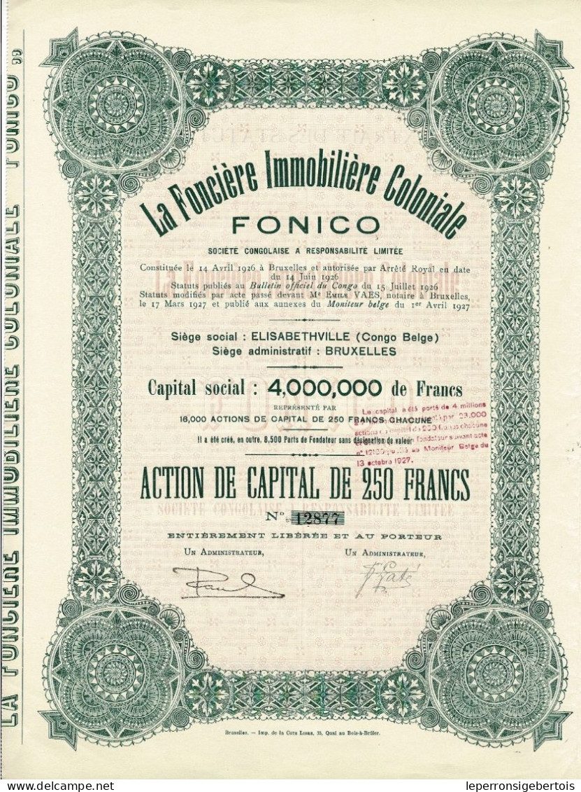 - Titre De 1927 - La Foncière Immobilière Coloniale - FONICO - Société Congolaise à Responsablilité Limitée - - Afrique